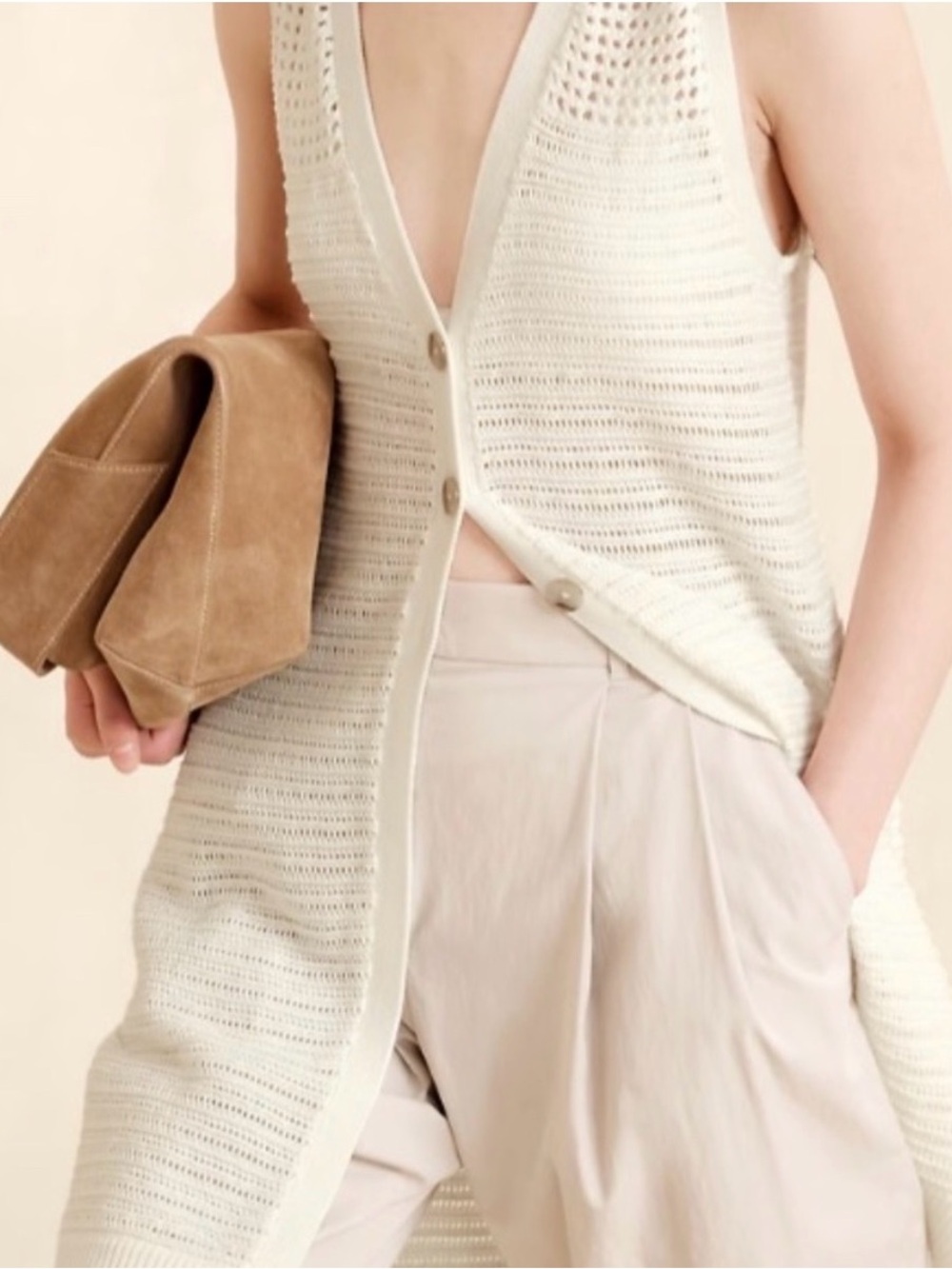 Banana Republic Cotton Knit Longline Button-Down V-Neck Vest Cream size M